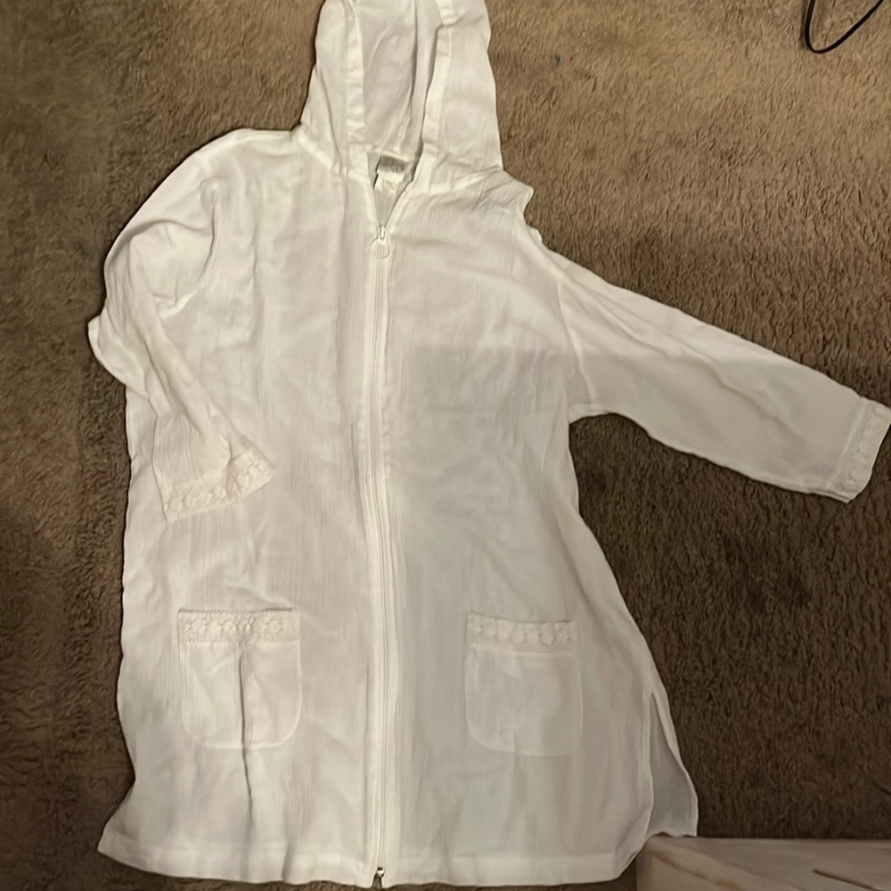 White 100% Cotton Hooded Zip Up Swim Cover-Up Size L